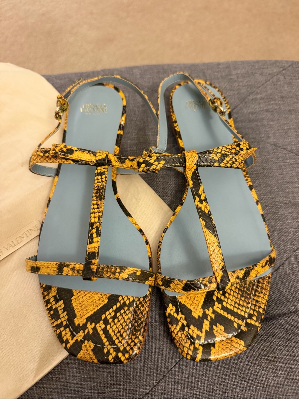 Frances Valentine Yellow Snake-Print T-Strap Sandals with Light Blue Insole